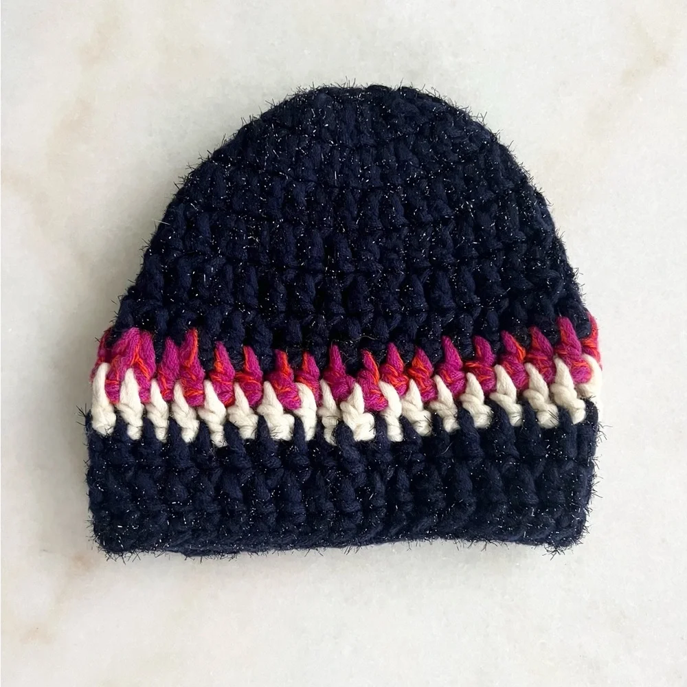 Anthropologie Knit Beanie - Sparkly Crochet Navy Blue White Hot Pink Beanie Hat